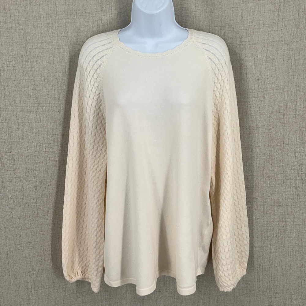 Chico's Pullover Sweater Womens 2 US L‎ Cream Cashmere Textured Sleeve Classic